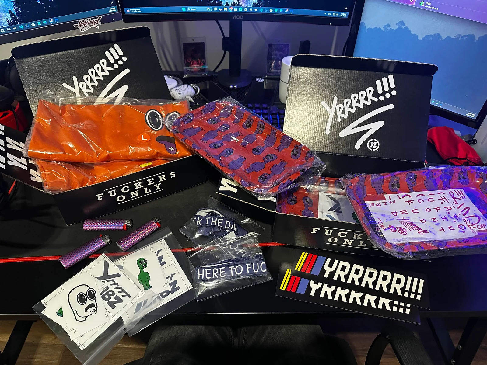 YRRRRR Labz merch photographed in real life